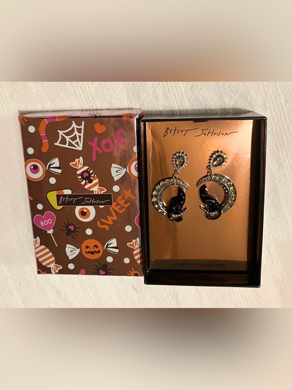 NWT Betsey Johnson Halloween Black Cat Crescent Moon Drop Earrings Crystal